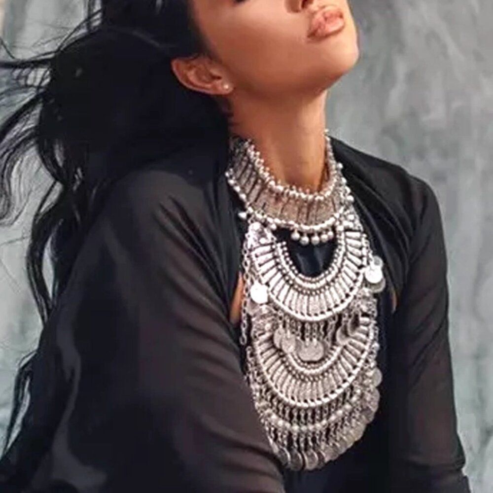 SUKISO BODRUM Coin Collar Statement Necklace Silver New Hippie Boho Bellydance - Picture 2 of 10